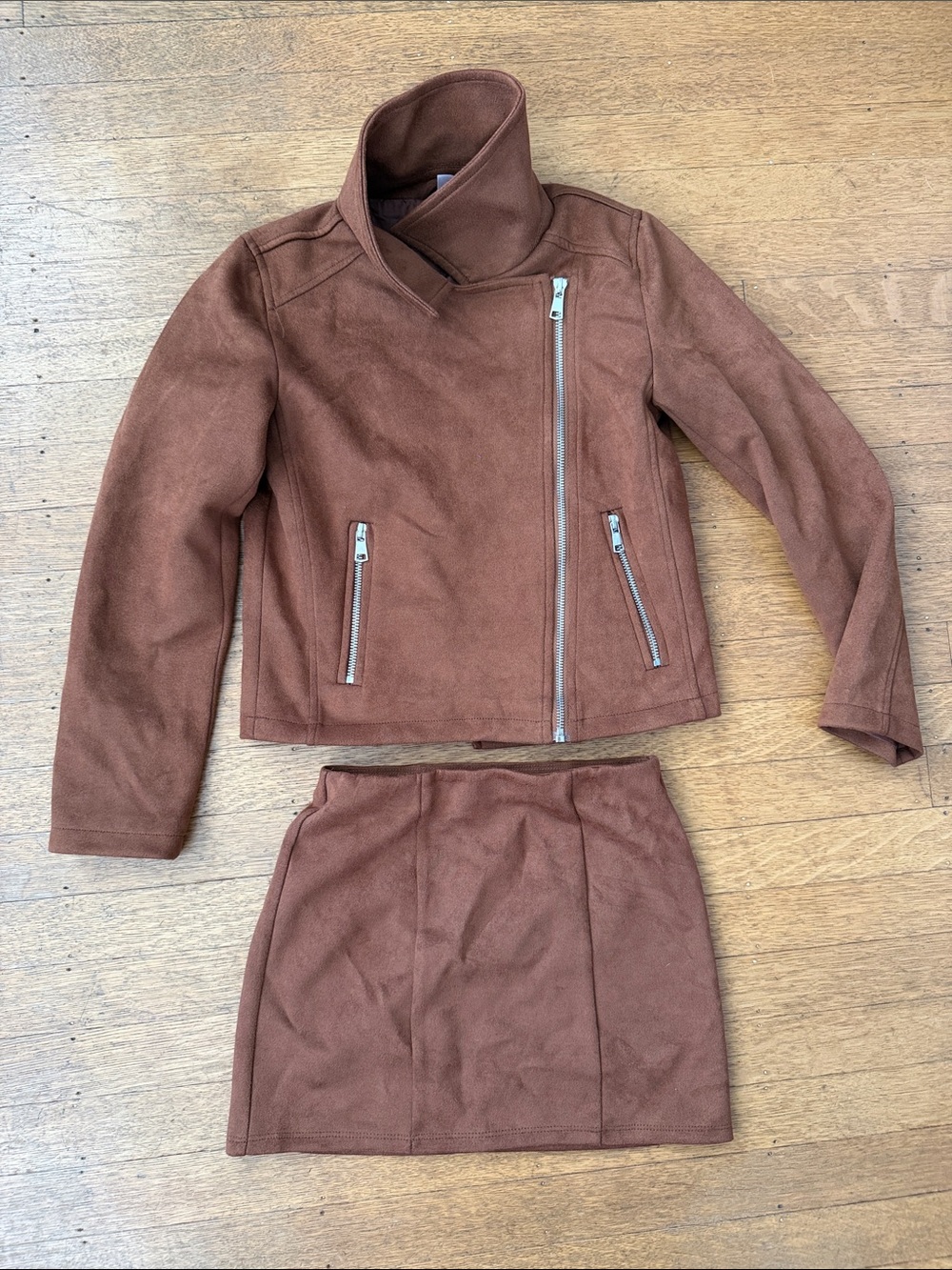Kids Brown Faux-Suede Moto Jacket & Skirt Set size 10